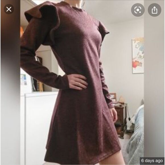 NWT Free Generation LA Gray Ruffle Strong Shoulder Fit & flare Mini Dress M - Picture 2 of 10